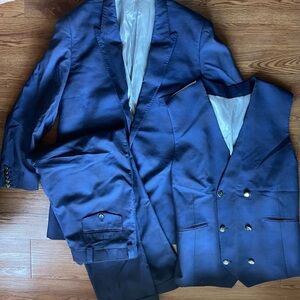 Sergio Valente Firenze Mens Navy Checkered Wool 3 Piece Suit Vest Pants Set 42